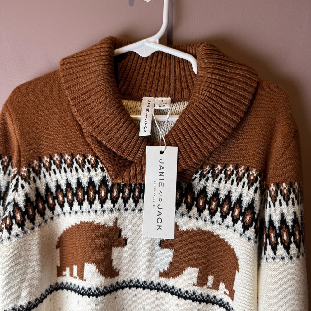 NWT Janie and Jack Bear Fair Isle Shawl Collar Sweater 6 - Picture 3 of 10